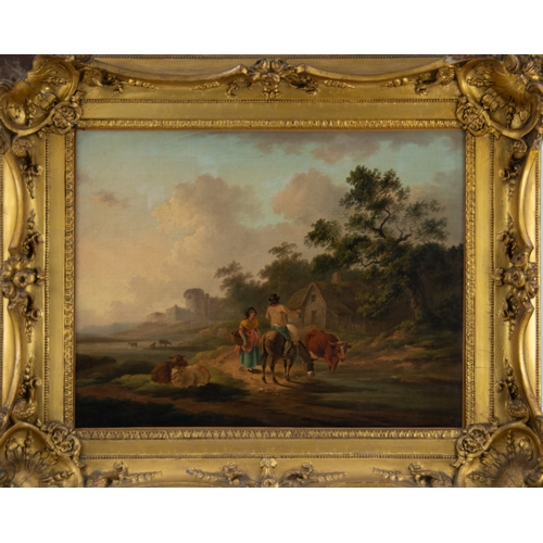 230 - PETER LA CAVE (fl. 1769 - 1810) OIL PAINTING ON RELINED CANVAS Rustic figures conversing in a landsc... 