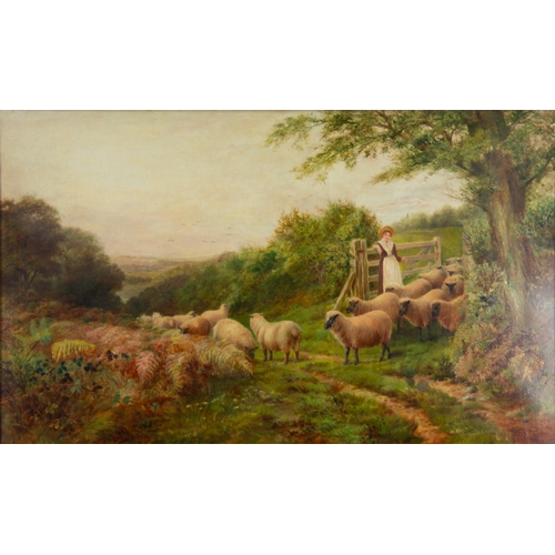 231 - D. WOOD (19th Century) OIL PAINTING ON RELINED CANVAS A shepherdess leaning against an open four-bar... 