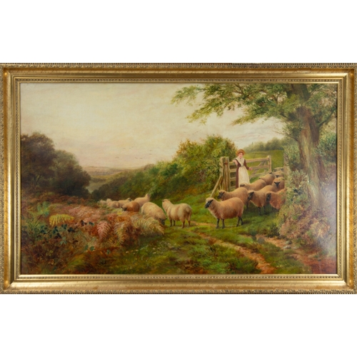 231 - D. WOOD (19th Century) OIL PAINTING ON RELINED CANVAS A shepherdess leaning against an open four-bar... 