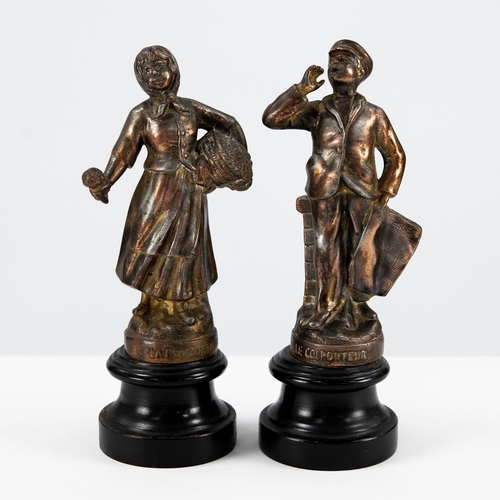 98 - PAIR OF TWENTIETH CENTURY GILT SPELTER FIGURES, ‘LE COLPORTEUR’ and ‘LA BOUQUETIERE’, on turned, ebo... 