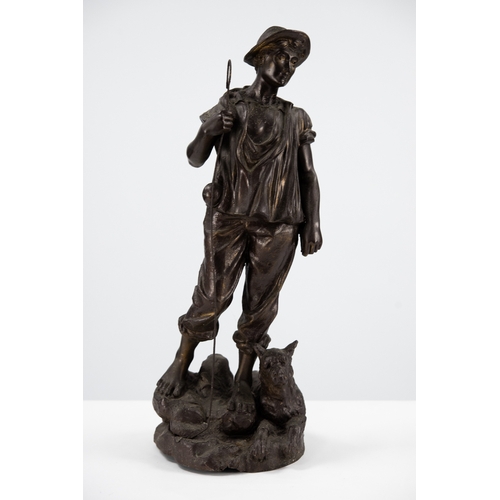 99 - TWENTIETH CENTURY SPELTER FIGURE OF A SHEPHERD BOY, modelled standing with a dog at his feet, 20 ½” ... 