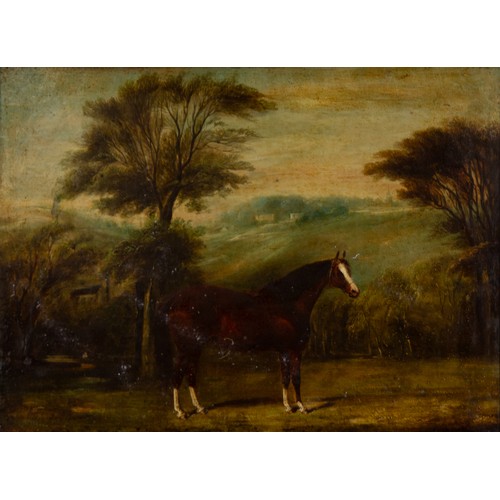 240 - UNATTRIBUTED (NINETEENTH CENTURY) OIL ON CANVAS Landscape with bay horse in the foregroundUnsigned 1... 