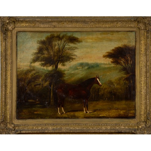 240 - UNATTRIBUTED (NINETEENTH CENTURY) OIL ON CANVAS Landscape with bay horse in the foregroundUnsigned 1... 