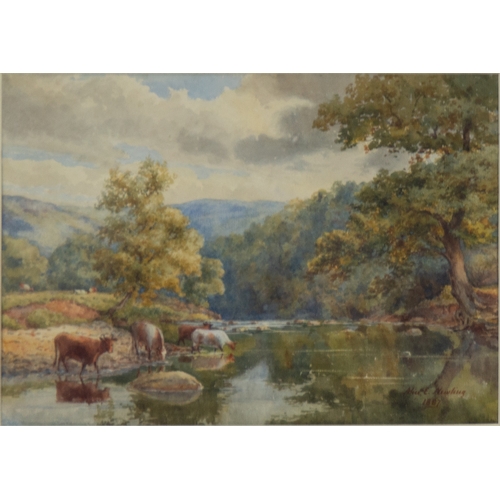 266 - ALICE E NEWLING (NINETEENTH/ TWENTIETH CENTURY)WATERCOLOUR Riverscape with cattleSigned and dated 18... 