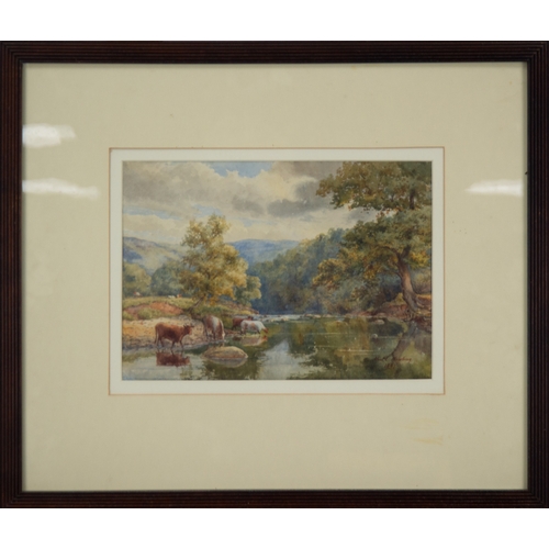 266 - ALICE E NEWLING (NINETEENTH/ TWENTIETH CENTURY)WATERCOLOUR Riverscape with cattleSigned and dated 18... 