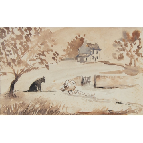 267 - ASCRIBED DAVID COX MONOCHROME WATERCOLOURLandscape with dog and dwellingSigned, titled obscured by t... 