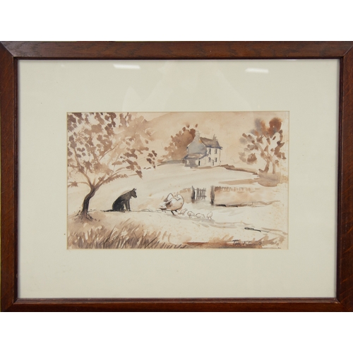 267 - ASCRIBED DAVID COX MONOCHROME WATERCOLOURLandscape with dog and dwellingSigned, titled obscured by t... 