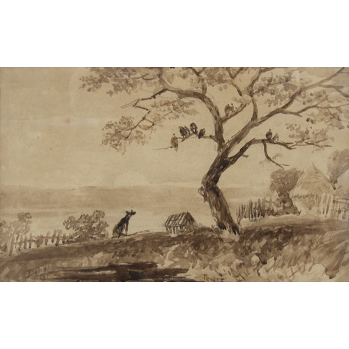 267 - ASCRIBED DAVID COX MONOCHROME WATERCOLOURLandscape with dog and dwellingSigned, titled obscured by t... 