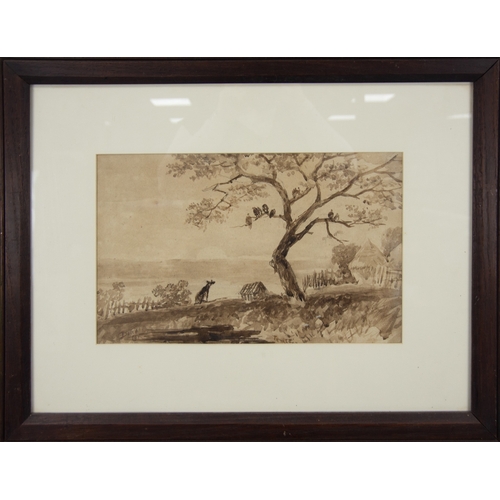 267 - ASCRIBED DAVID COX MONOCHROME WATERCOLOURLandscape with dog and dwellingSigned, titled obscured by t... 