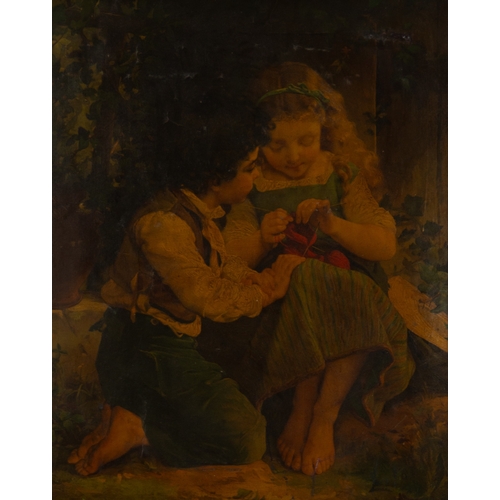 296 - AFTER ALBERTO ROSSIOVER VARNISHED COLOUR PRINT ON CANVAS The knitting Lesson 30 ½” x 24 ¼” (77.4cm x... 