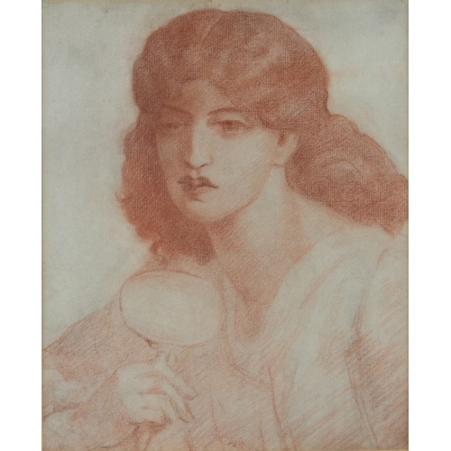 282 - CIRCLE OF DANTE GABRIEL ROSSETTI RED CHALK DRAWING Head & shoulders study of a lady probably Jan... 