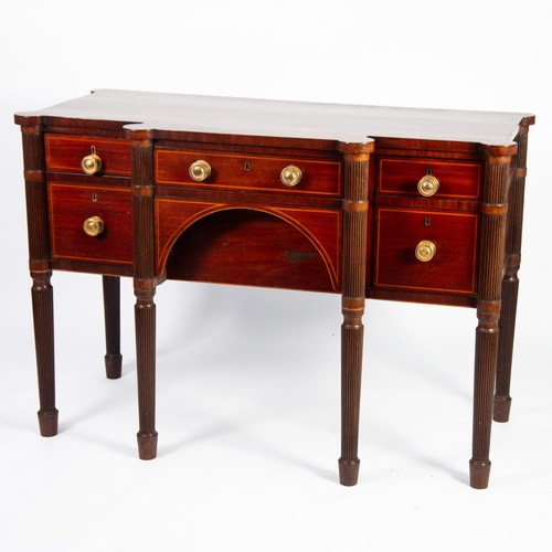 174 - GEORGE III LINE INLAID MAHOGANY SIDEBOARD, the shaped oblong top above a central drawer with napery ... 