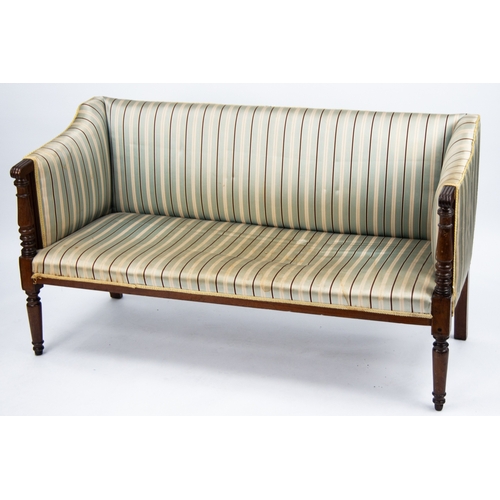 179 - REGENCY CARVED MAHOGANY TWO SEATER SETTEE, the padded back set above a flat fronted seat and flanked... 