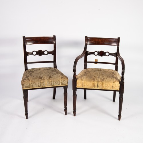 181 - SET OF EIGHT (6+2) EARLY NINETEENTH CENTURY FIGURED AND CARVED MAHOGANY DINING CHAIRS, each with fla... 