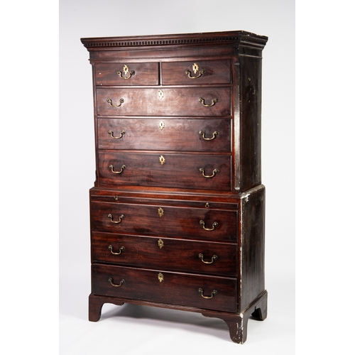 182 - GEORGE III FIGURED MAHOGANY CHEST ON CHEST, the dentil moulded cornice above two short and three lon... 