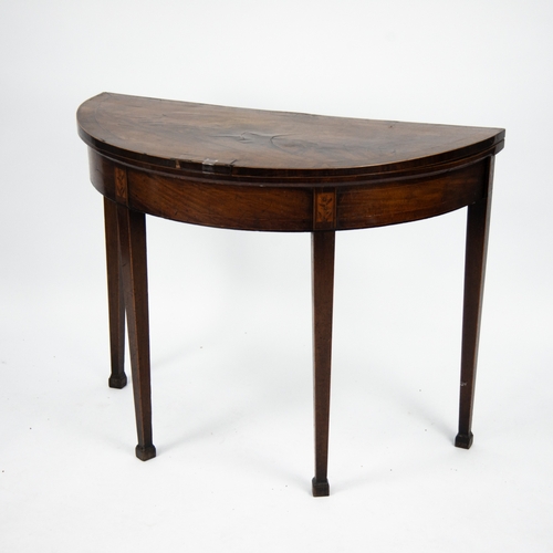 183 - GEORGE III INLAID AND FLAME CUT MAHOGANY CARD TABLE WITH DOUBLE FLY LEG SUPPORTS, the crossbanded, f... 