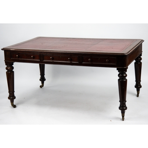 185 - VICTORIAN MAHOGANY PARTNER’S WRITING OR LIBRARY TABLE, with antique red gilt tooled leather insert, ... 