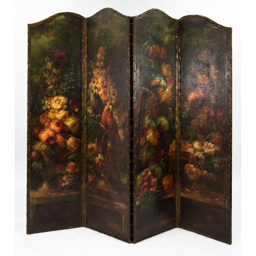 189 - VICTORIAN HAND PAINTED FOUR-FOLD SCREEN, with shaped top, painted in colours with flowers, parrots a... 