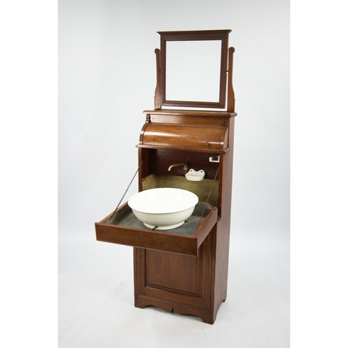 200 - EARLY TWENTIETH CENTURY MAHOGANY CABIN WASHSTAND, the moulded lift up top enclosing a lead lined int... 