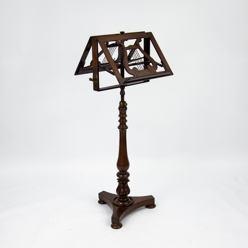 201 - WILLIAM IV CARVED MAHOGANY DUET MUSIC STAND, the adjustable pair of holders with lyre pattern centre... 