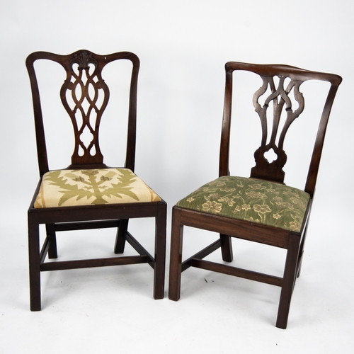 187 - PAIR OF LATE EIGHTEENTH CENTURY CHIPPENDALE STYLE MAHOGANY DINING SINGLE CHAIRS, each with ribbon ty... 