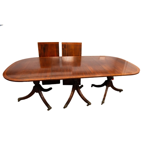 217 - GOOD QUALITY MODERN GEORGIAN STYLE LINE INLAID AND CROSSBANDED MAHOGANY TRIPLE PEDESTAL DINING TABLE... 