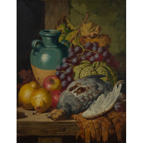 247 - CHARLES THOMAS BALE (1845 - 1925) PAIR OF OIL PAINTINGS ON CANVAS Still life - flagon and fruit on a... 