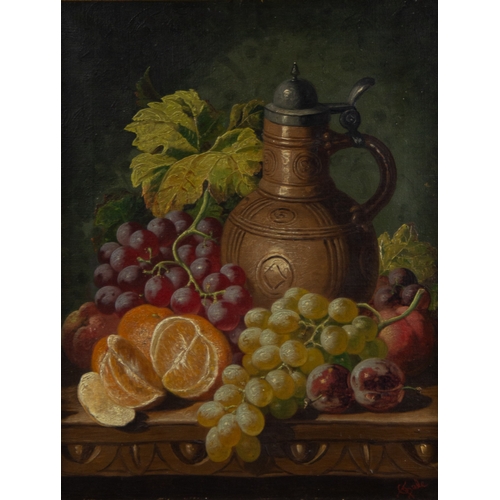 247 - CHARLES THOMAS BALE (1845 - 1925) PAIR OF OIL PAINTINGS ON CANVAS Still life - flagon and fruit on a... 