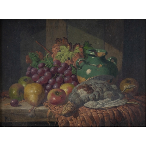 249 - CHARLES THOMAS BALE (1845 - 1925) OIL PAINTING ON CANVAS Still life - flagon, bunch of grapes, apple... 