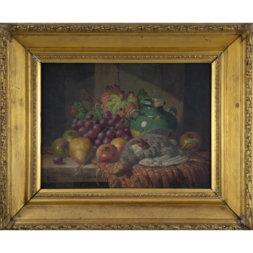 249 - CHARLES THOMAS BALE (1845 - 1925) OIL PAINTING ON CANVAS Still life - flagon, bunch of grapes, apple... 