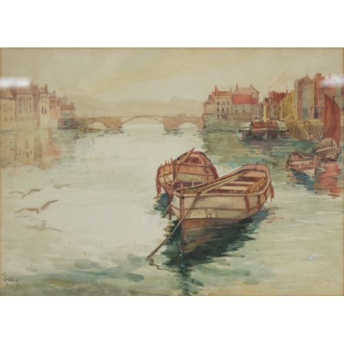 269 - T. GILLOW WATERCOLOUR DRAWING Small fishing boats moored in Whitby harbour Signed lower left 11 1/2i... 