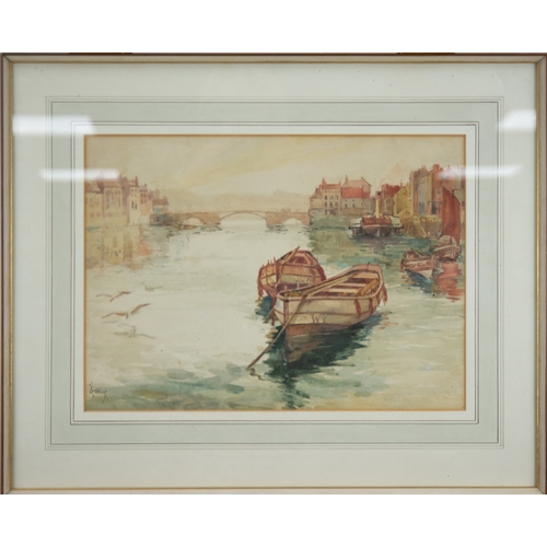 269 - T. GILLOW WATERCOLOUR DRAWING Small fishing boats moored in Whitby harbour Signed lower left 11 1/2i... 