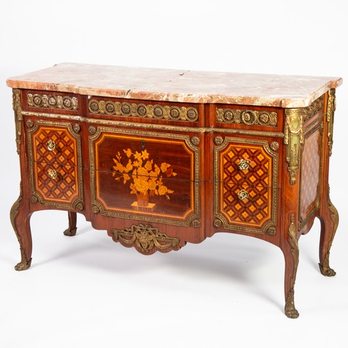 213 - LOUIS XVI STYLE TWENTIETH CENTURY INLAID COMMODE WITH RED VEINED MARBLE TOP, the shaped and moulded ... 