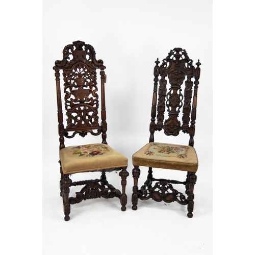 142 - TWO SIMILAR CAROLEAN CARVED OAK HIGH BACK SINGLE DINING CHAIRS, each with profusely carved back, fla... 