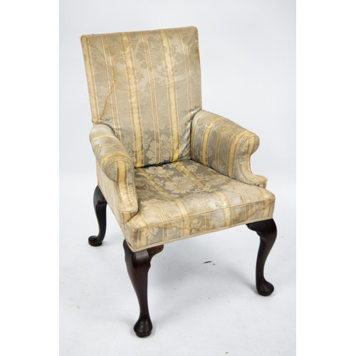 157 - GEORGE III MAHOGANY CLUB ARMCHAIR, with straight topped padded back, flat scroll arms and flat front... 