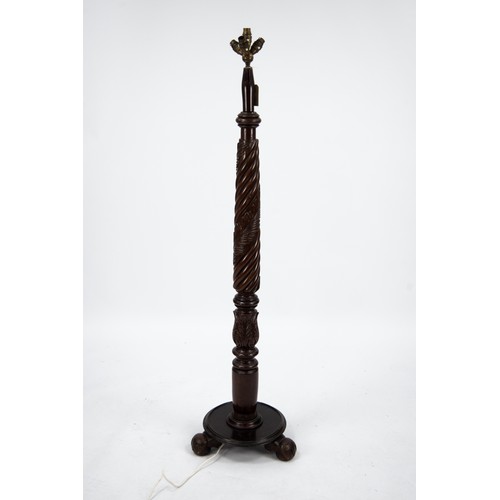 133 - CARVED MAHOGANY THREE LIGHT STANDARD LAMP, with leaf carvings to the turned and wrythen fluted colum... 