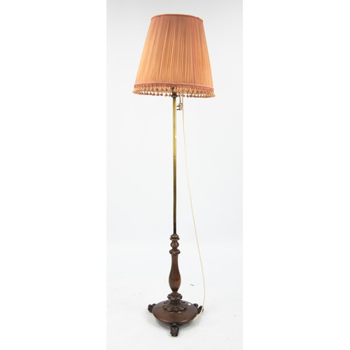 136 - VICTORIAN AND LATER MAHOGANY AND LACQUERED BRASS STANDARD LAMP, with scroll feet to the circular bas... 