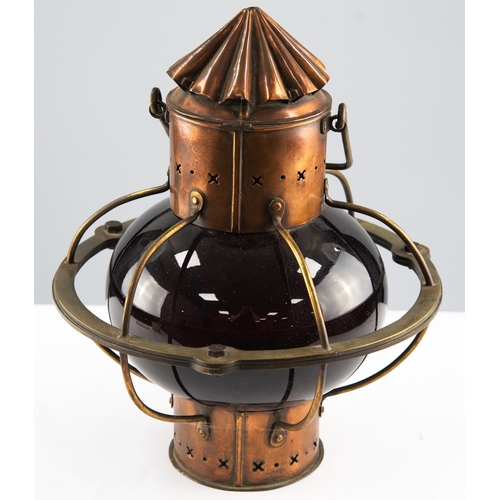 140 - HUGH DOUGLAS, COPPER, BRASS AND AMETHYST GLASS PORT MAST LAMP, the shade of compressed orbicular for... 