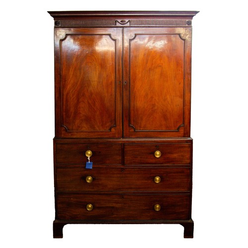 205 - GEORGE III LATE 18TH CENTURY MAHOGANY LINEN PRESS, the upper section converted to hang wardrobe with... 