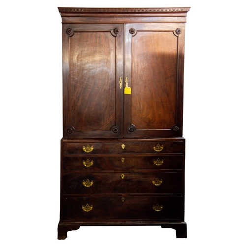 206 - GEORGE III MAHOGANY SECRETAIRE LINEN PRESS, the upper section with dentil cornice and converted to h... 