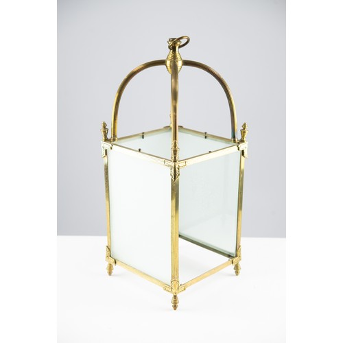 135 - BRASS AND FROSTED GLASS HALL LANTERN, of typical form, 24” (61cm), lacks fittings and one pane of gl... 