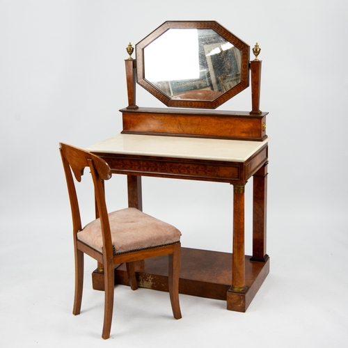 162 - BEIDERMEIR STYLE MAHOGANY DRESSING TABLE, the octagonal swing mirror having foliate decorated frame,... 