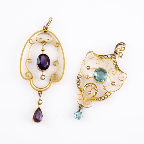 117 - TWO 9ct GOLD PENDANTS, one shield-shaped and set with seed pearls and two semi-precious stones one p... 