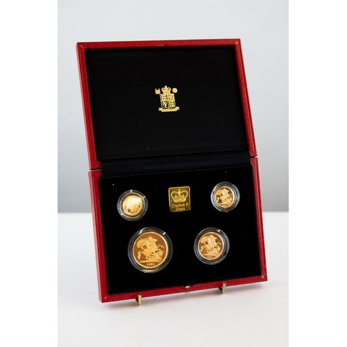 54 - A ROYAL MINT UNITED KINGDOM GOLD PROOF FOUR-COIN SET 1991, No 1149/1500, comprising five pounds, two... 