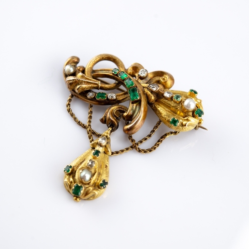 71 - VICTORIAN GOLD, EMERALD, DIAMOND AND PEARL BROOCH, openwork scroll brooch, the base with the chain f... 