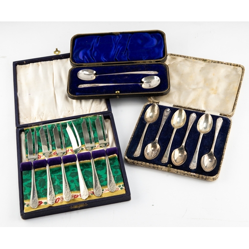 327 - CASED PAIR OF SILVER SPOONS in ARTS & CRAFTS TASTE, Sheffield 1903, also a CASED SET OF SIX SILV... 