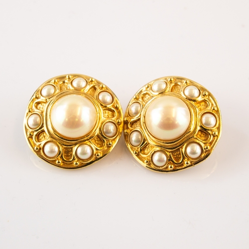 232 - CHRISTIAN DIOR, PAIR OF GOLD PLATED TARG SHAPED CLIP EARRINGS, set with simulated pearls, 1 3/8in (3... 