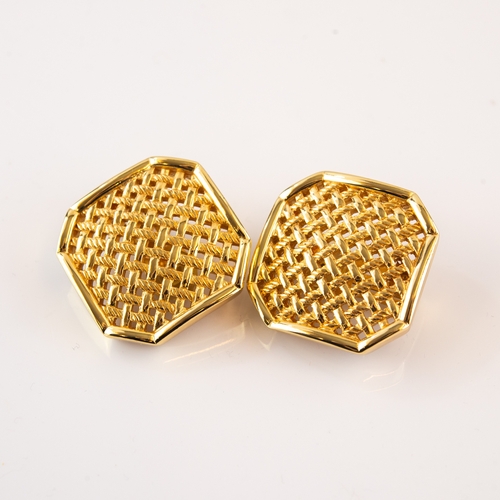 234 - CHRISTIAN DIOR, PAIR OF GOLD PLATED CLIP EARRINGS, square with canted corners of pierced trellis pat... 