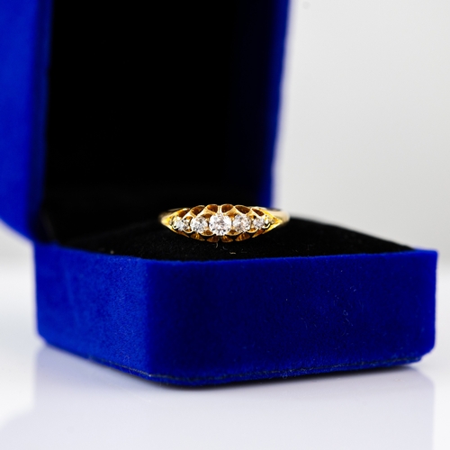 58 - VICTORIAN 18ct GOLD RING, with a lozenge shaped setting of five old cut diamonds graduating from the... 