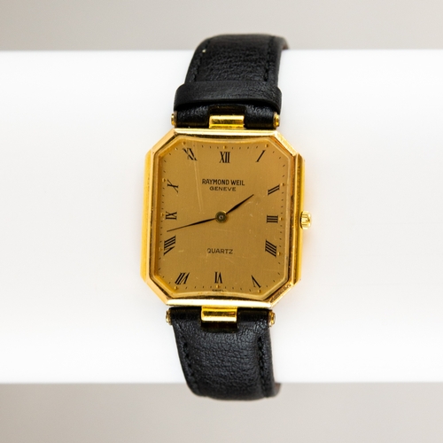 3 - RAYMOND WEIL, GENEVE, GENT'S QUARTZ WRISTWATCH, in 18ct gold plated case, the gold coloured rectangu... 